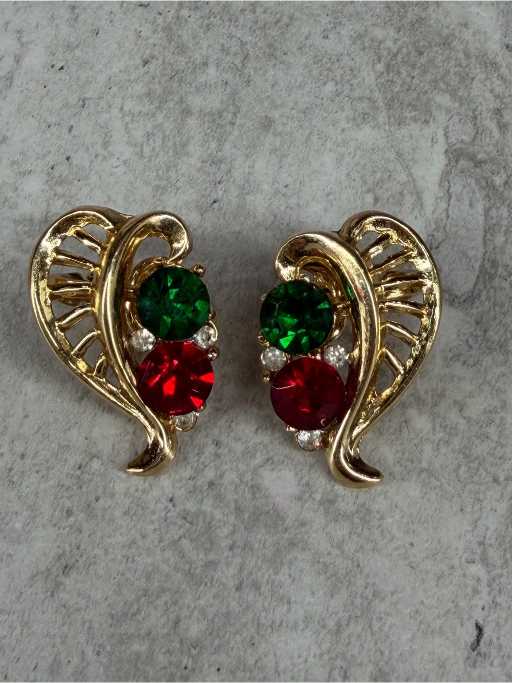 Vintage Clip On Rhinestone Earrings Leaf Shaped Jewelry Gold Tone
